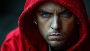 Intense Man Red Hoodie, Piercing Blue Eyes Mobile Wallpaper