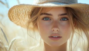 Blonde Woman with Freckles in Straw Hat 4K Desktop Wallpaper