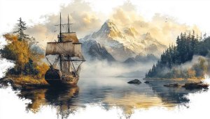 Majestic Mountain Lake Ship Scenery Mobile Background Wallpaper Art