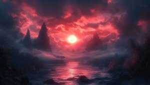 Dramatic Red Moon Lake Scene 4K Desktop Background Wallpaper