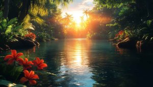Tropical Paradise River Sunset 4K Desktop Background Mobile Wallpaper