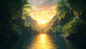 Tropical River Sunset Palm Trees Mobile Background Free Wallpaper