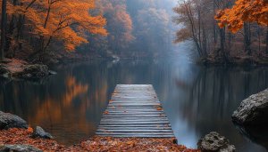 Autumn Forest Lake Pier Reflection 4K Desktop Mobile Wallpaper