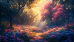 Enchanted Forest Path 4K Desktop Background Spring Blossom Wallpaper