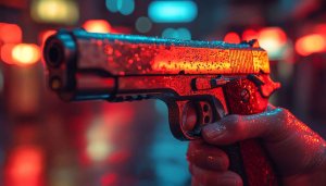 Wet Gun in Hand Mobile Background, Red Blue Cyberpunk Wallpaper