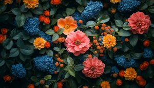 Vibrant Flowers Wallpaper: Coral Dahlias, Orange Roses, and Blue Hydrangeas