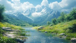 Snowy Mountain Stream Scenery Mobile Wallpaper | Free Desktop Background