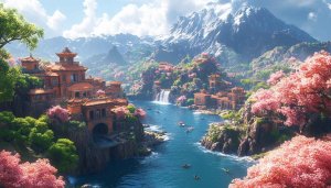 Serene Asian Village River 4K Desktop Wallpaper Background Free