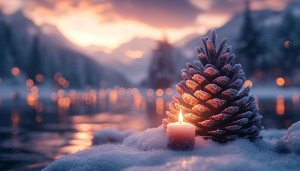 Winter Pine Cone Candle Free 4K Desktop Wallpaper Background