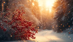 Winter Forest Berries Wallpaper, Snowy Holiday Background, Desktop Mobile Wallpaper