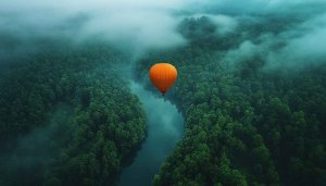 Orange Hot Air Balloon River Forest 4K Desktop Mobile Wallpaper