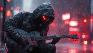 Hooded Guitarist Rainy Night Concert 4K Desktop Background Wallpaper
