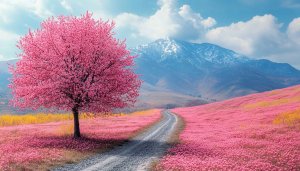 Blooming Tree Pink Flower Field Landscape 4K Desktop Wallpaper