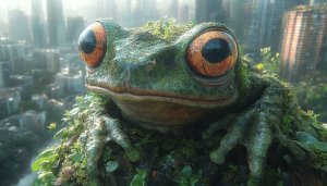 Giant Mossy Frog in Urban City 4K Desktop Wallpaper