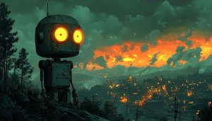 Vintage Robot Mobile Wallpaper with Cityscape Background Art