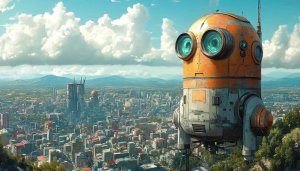 Retro Robot Mobile Wallpaper Cityscape Sci-Fi 4K Desktop Background