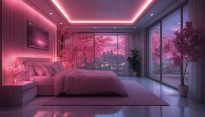 Pink Aesthetic Bedroom with City View Mobile Wallpaper