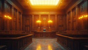 Ornate Courtroom Interior Wallpaper, Lawyer Office Background, Legal Theme Desktop