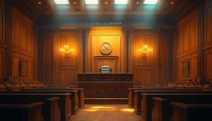 Courtroom Interior 4K Desktop Background, Wooden Paneling Courthouse Wallpaper