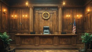 Ornate Courtroom Interior 4K Desktop Wallpaper, USA Flag Background