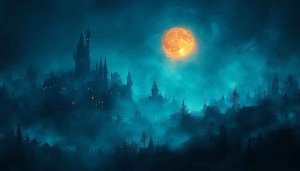 Spooky Castle Moonlight Wallpaper: Fantasy Night Forest 4K Background