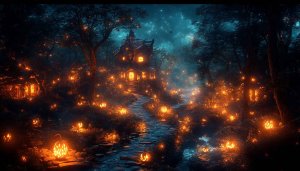 Halloween Pumpkin Forest House Mobile Background and Desktop Wallpaper 4K