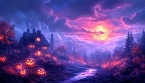 Halloween House Full Moon Night 4K Desktop Mobile Wallpaper