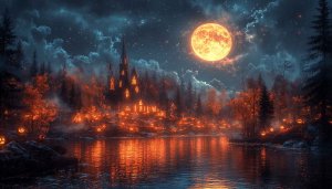 Spooky Halloween Castle Full Moon 4K Desktop Background Wallpaper
