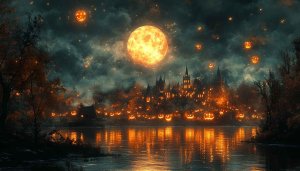 Spooky Halloween Night Scene Wallpaper, Pumpkin Jack, Full Moon Reflection