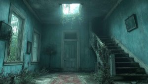Overgrown Abandoned House Interior Mobile Wallpaper, Atmospheric Horror Background