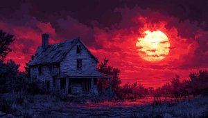 Haunted House Red Sky Moon 4K Desktop Mobile Wallpaper