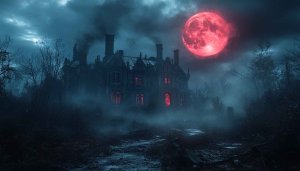 Spooky Haunted House with Red Moon 4K Desktop Wallpaper