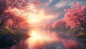 Pink Cherry Blossom River Sunset 4K Desktop Wallpaper Background