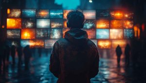 Cyberpunk City Man Wall Collage 4K Desktop Background Wallpaper