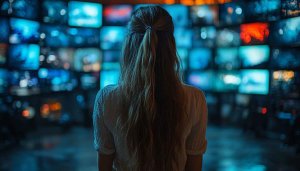 Woman Watching Display Screens 4K Desktop Background Free Mobile Wallpaper