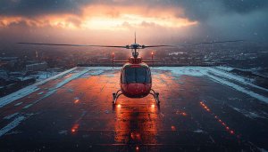 Helicopter On City Rooftop at Sunset 4K Desktop Wallpaper