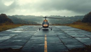 Helicopter on Wet Runway 4K Wallpaper Desktop Mobile Background