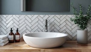 Modern Bathroom Interior Design, White Sink, Herringbone Tile Wallpaper
