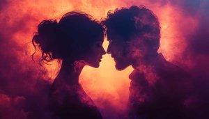 Fiery Romance Wallpaper: Couple Portrait 4K Desktop Background