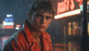 Handsome Man Red Leather Jacket Wet Rainy Night 4K Wallpaper