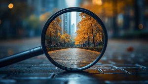 Autumn Cityscape Magnifying Glass 4K Desktop Wallpaper Free Background