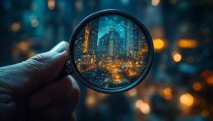 Cityscape Under Magnifying Glass Urban Exploration 4K Desktop Wallpaper