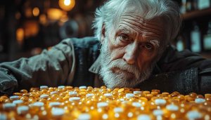 Senior Man Surrounded by Pills Mobile and Desktop Wallpaper