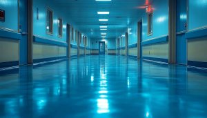Blue Hospital Corridor 4K Desktop Background Medical Facility Wallpaper