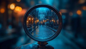 Cobblestone Street Magnifying Glass View Cityscape 4K Desktop Wallpaper