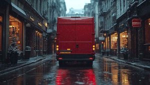 Red Van on Rainy City Street Mobile Wallpaper, 4K Background
