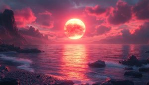 Red Moon Ocean View 4K Desktop Background Free Wallpaper
