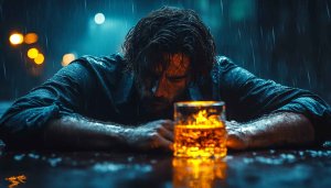 Melancholy Man in Rain with Whiskey Glass Mobile Wallpaper