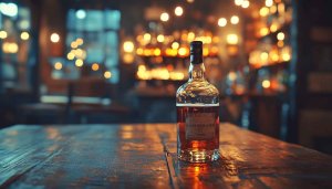 Whiskey Bottle on Bar Table 4K Desktop Background Wallpaper