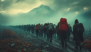 Mountain Hike Pilgrimage Mobile Wallpaper, Foggy Adventure Background